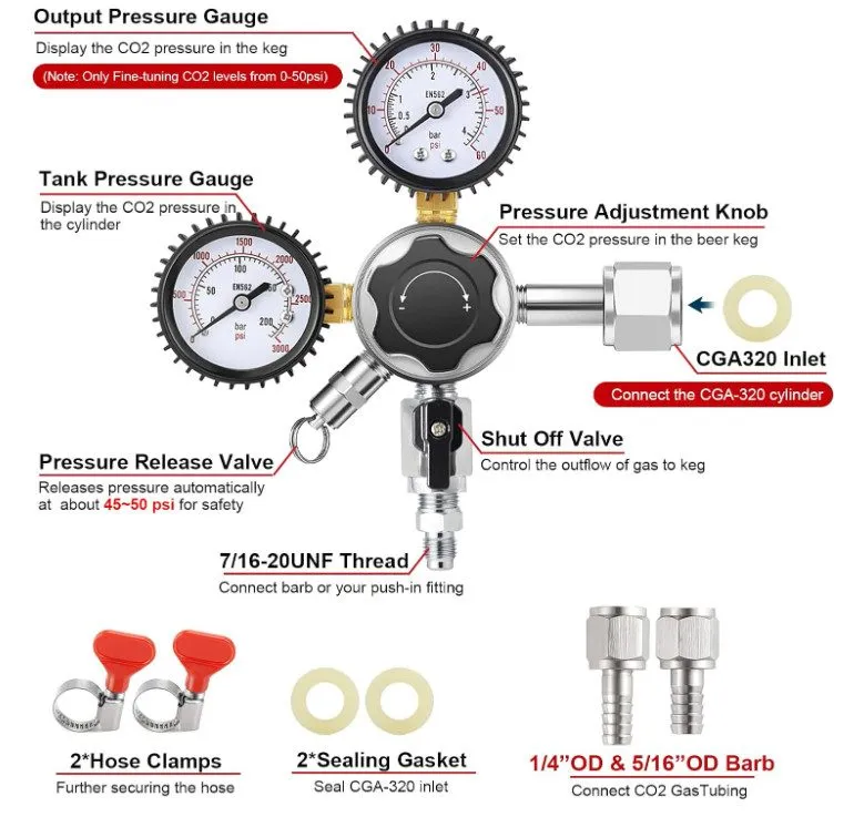 Трубопроводная арматура Draft Beer Gas Regulator CO2 Keg Regulator 0-60PSI CGA-3
