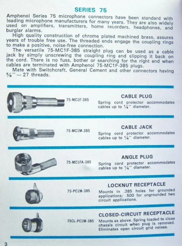 Разъём 3 vintage 1950's Amphenol 75-MC1F-385 microphone cable jack connectors # 