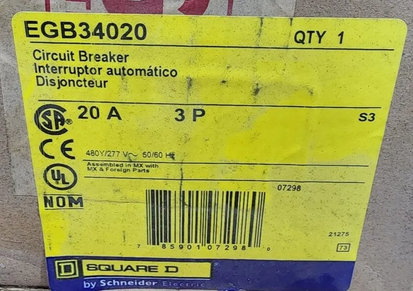 Автоматический выключатель Square D EGB EGB34020LC 3 Pole 20 Amp 480v Circuit Br