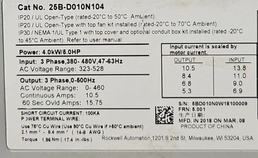 Частотный преобразователь AB Allen Bradley 25B-D010N104 PowerFlex 525 4kW 5Hp AC