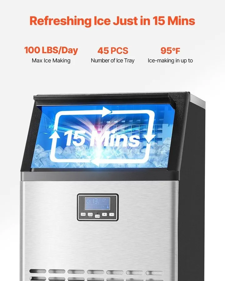 Льдогенератор Commercial Ice Maker 100lb/24h 33lb Bin, Fast 15min Cycle, LED, Se