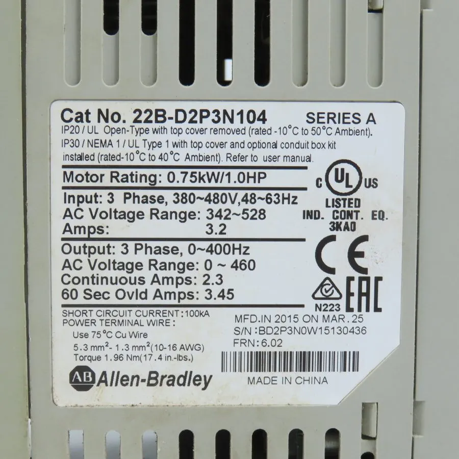 Частотный преобразователь Allen-Bradley 22B-D2P3N104 PowerFlex 40 0.75 kW 1 HP A