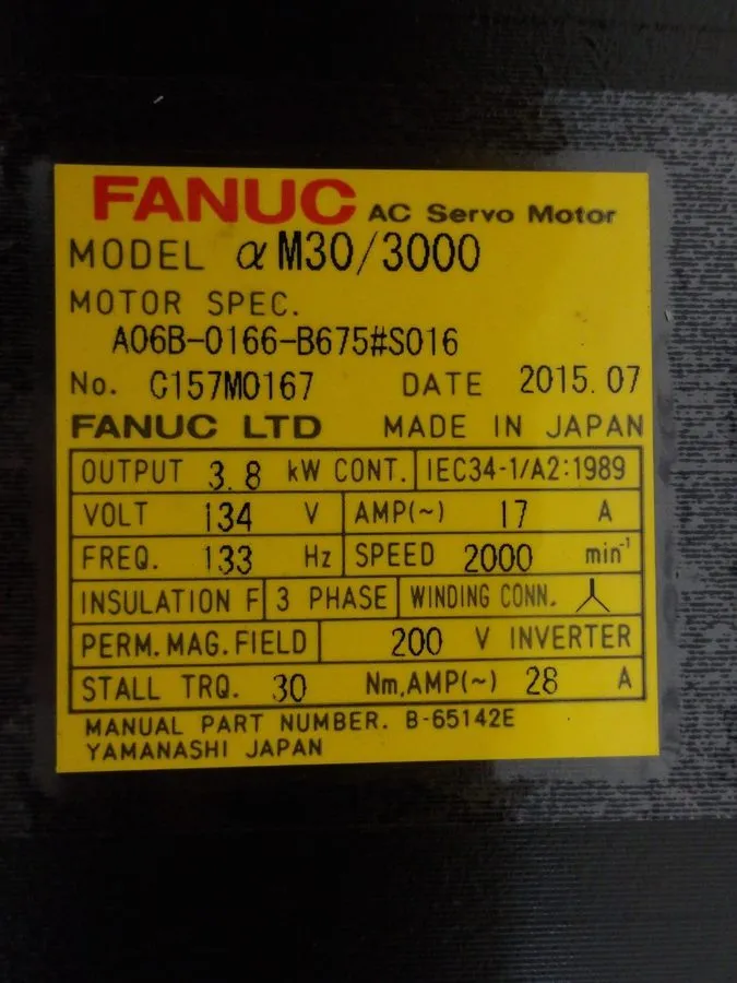 Серводвигатель FANUC A06B-0166-B675 S016 AC SERVO MOTOR, 2000 RPM, #5271114G