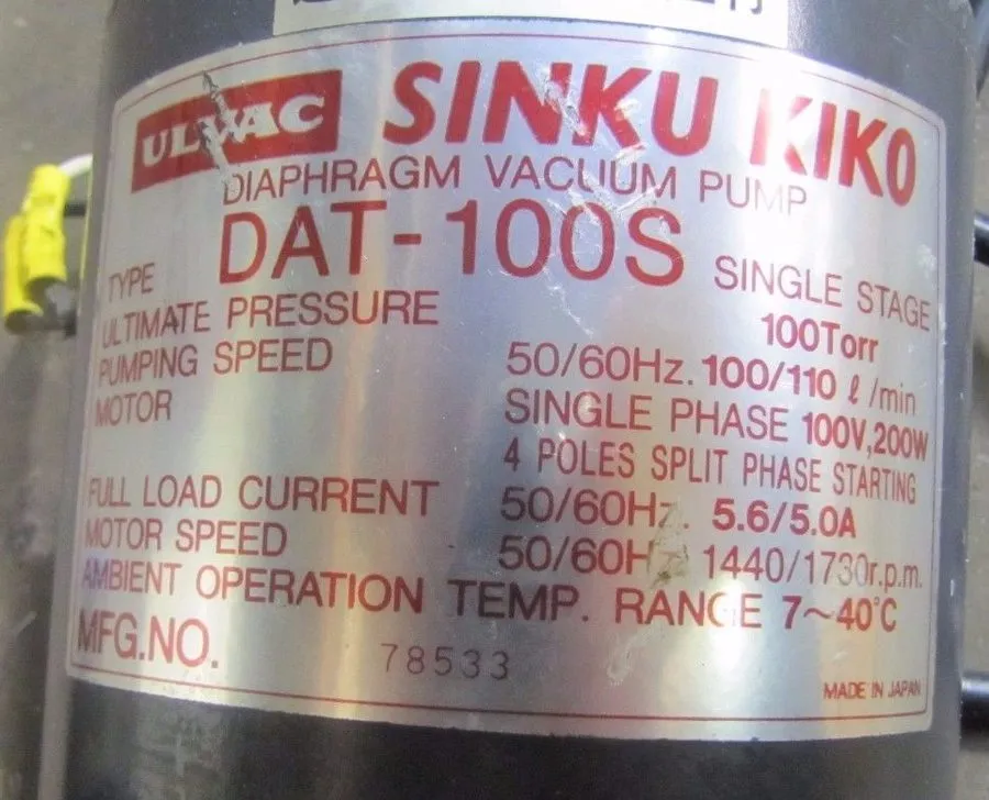 Насос ULVAC DAT-100S SINGLE STAGE 100V 200W (1/4 HP) 110L/MIN DIAPHRAGM VACUUM P