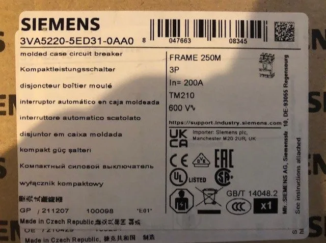 Автоматический выключатель SIEMENS 3VA5220-5ED31-0AA0 200A 3-Pole Circuit Breake