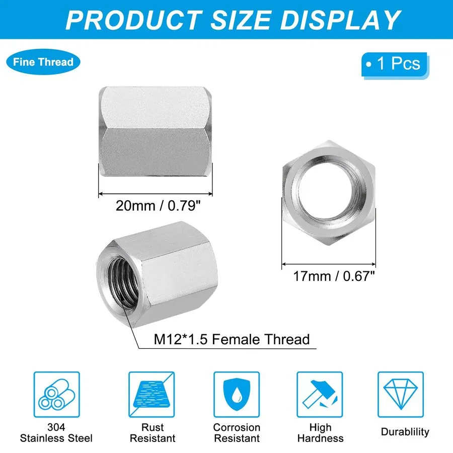 Датчик M12 x 1.5-Pitch 30mm Length 304 Stainless Steel Hex Coupling Nut Connecto — фото лота 1