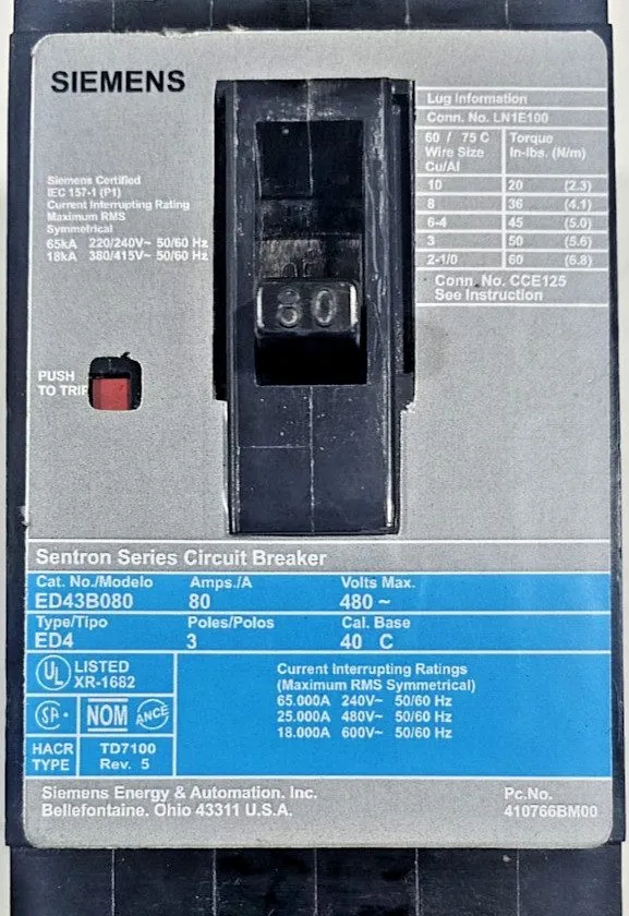Автоматический выключатель Siemens Sentron ED43B080 Circuit Breaker 80A 3-Pole 4