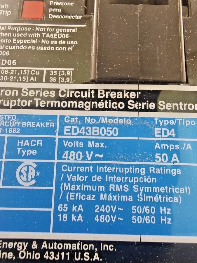 Автоматический выключатель Siemens ED43B050 Sentron Series Circuit Breaker 50A 3