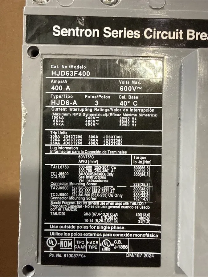 Автоматический выключатель Siemens Sentron Series HJD63F400 Circuit Breaker 400A