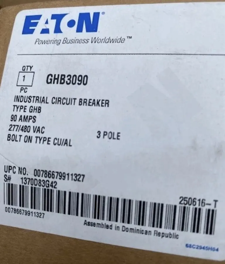 Автоматический выключатель Eaton GHB3090 90 Amp 277/480V 3 Pole GHB Bolt On Circ — фото лота 1