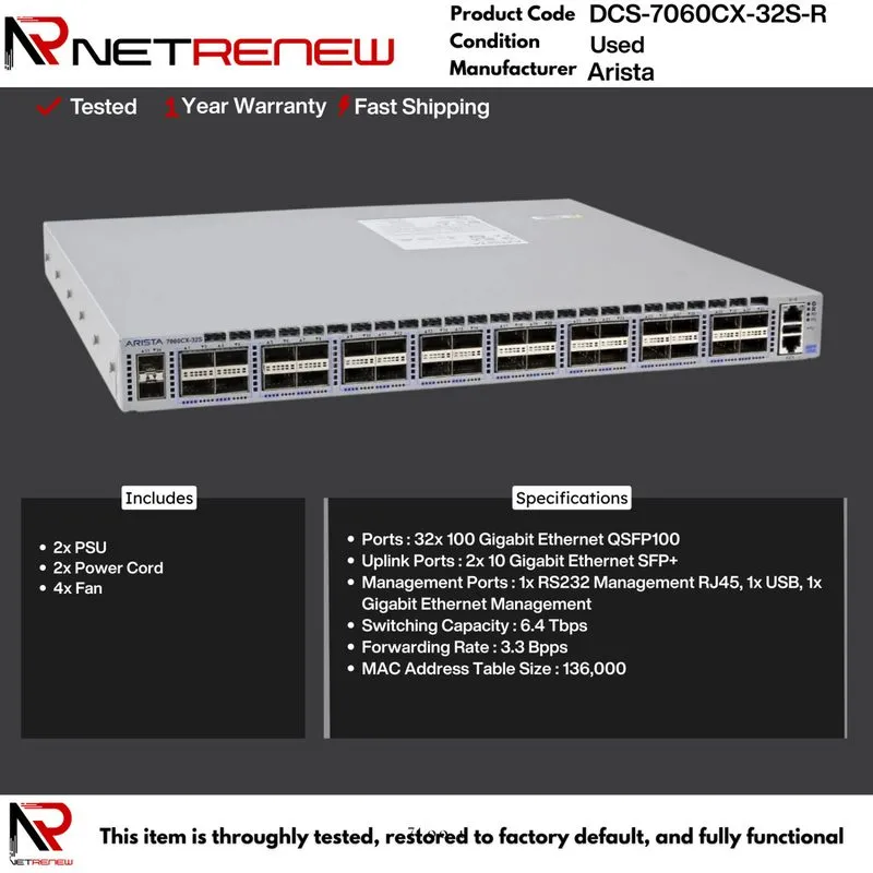 Коммутатор ARISTA DCS-7060CX-32S-R 32x 100GbE QSFP28 & 2x10G SFP+ Switch 2xPSU