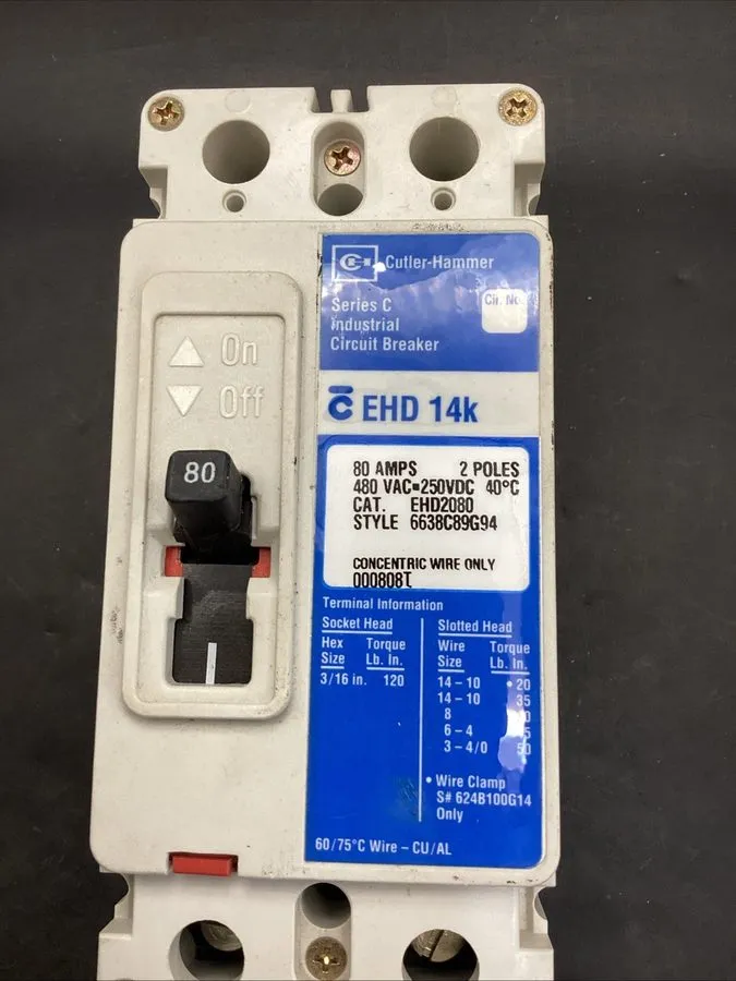Автоматический выключатель CUTLER HAMMER EHD2080 EHD 14K 2P 480V 80 AMP CIRCUIT 