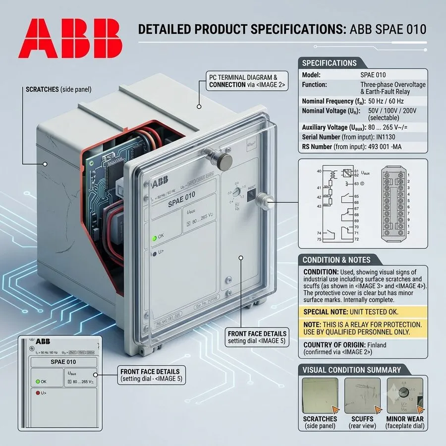 Реле защиты ABB SPAE 010 OVERVOLTAGE PROTECTION RELAY RS 493 001-MA 80-265V UN 5 — фото лота 1