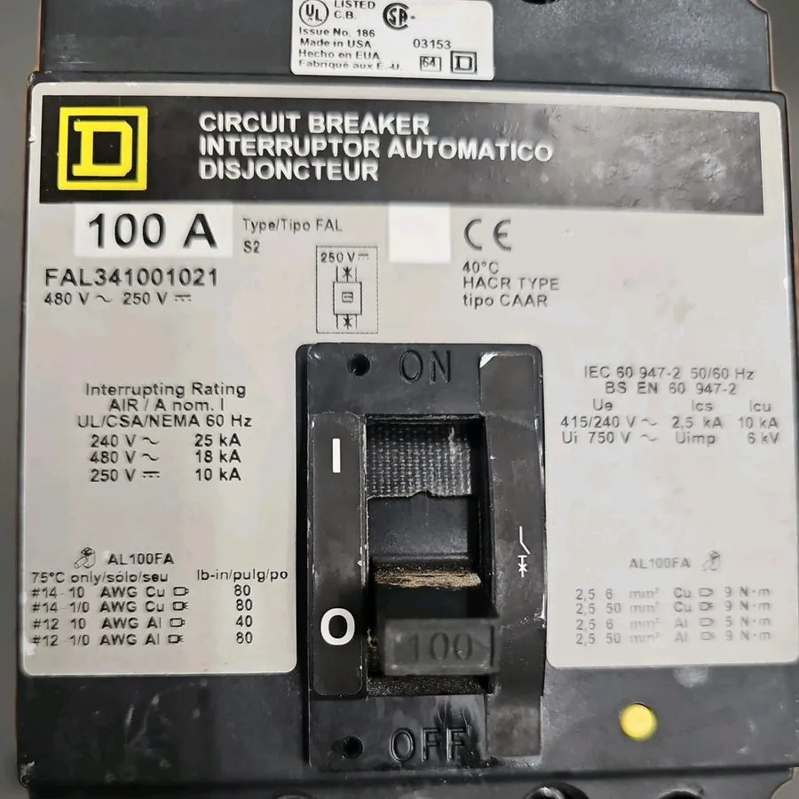 Автоматический выключатель SQUARE D FAL341001021 FAL 3P 480V 100 AMP SHUNT TRIP  — фото лота 1