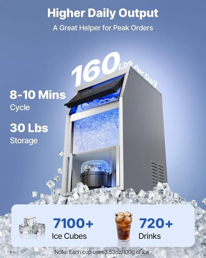 Льдогенератор 160LBS/24H Commercial Ice Maker Machine, 33LBS Bin, LED Panel, Sta