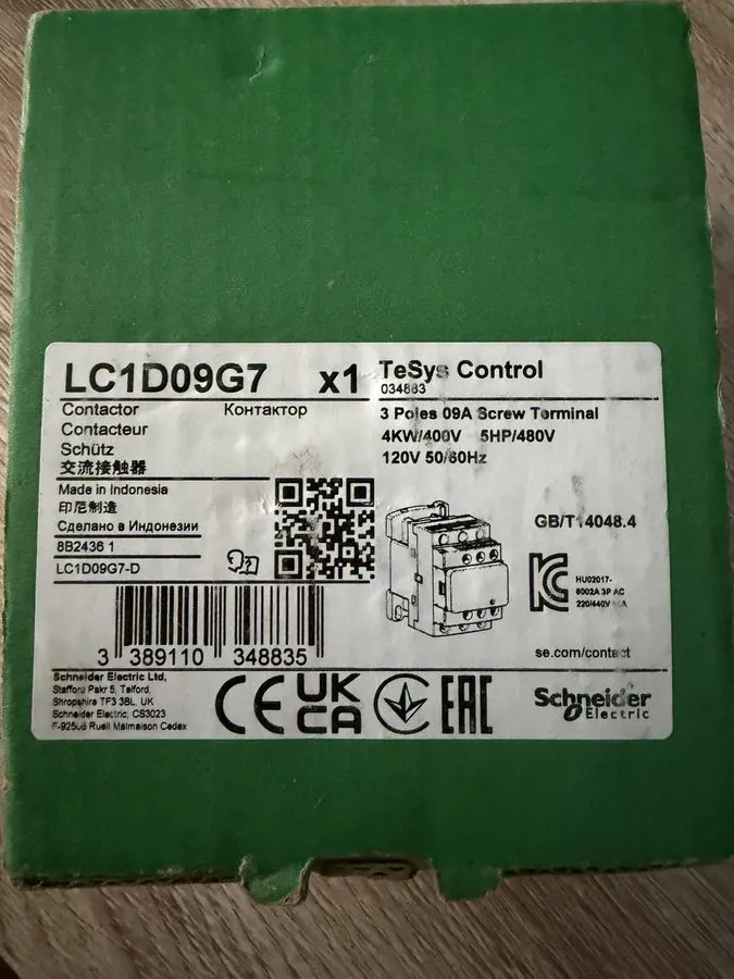 Контактор Schneider Electric LC1D09G7 TeSys Contactor, 3-Pole, 9A Max, 120VAC Co