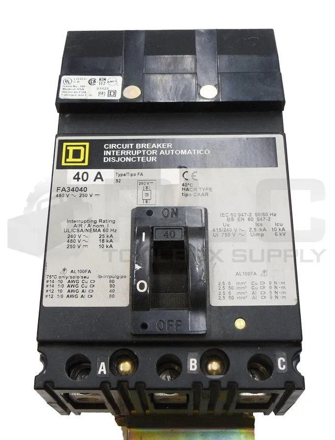 Автоматический выключатель SQUARE D FA34040 FA I-LINE 3 POLE 40 AMP 480v BLACK C
