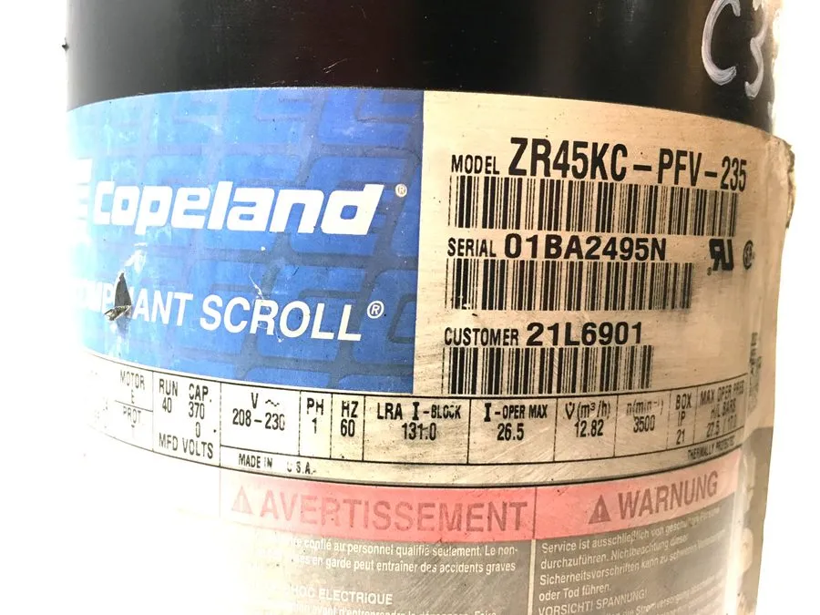 Компрессор Copeland ZR45KC-PFV-235 Scroll Compressor 4-Ton 208-230V 1PH 48200 BT — фото лота 1
