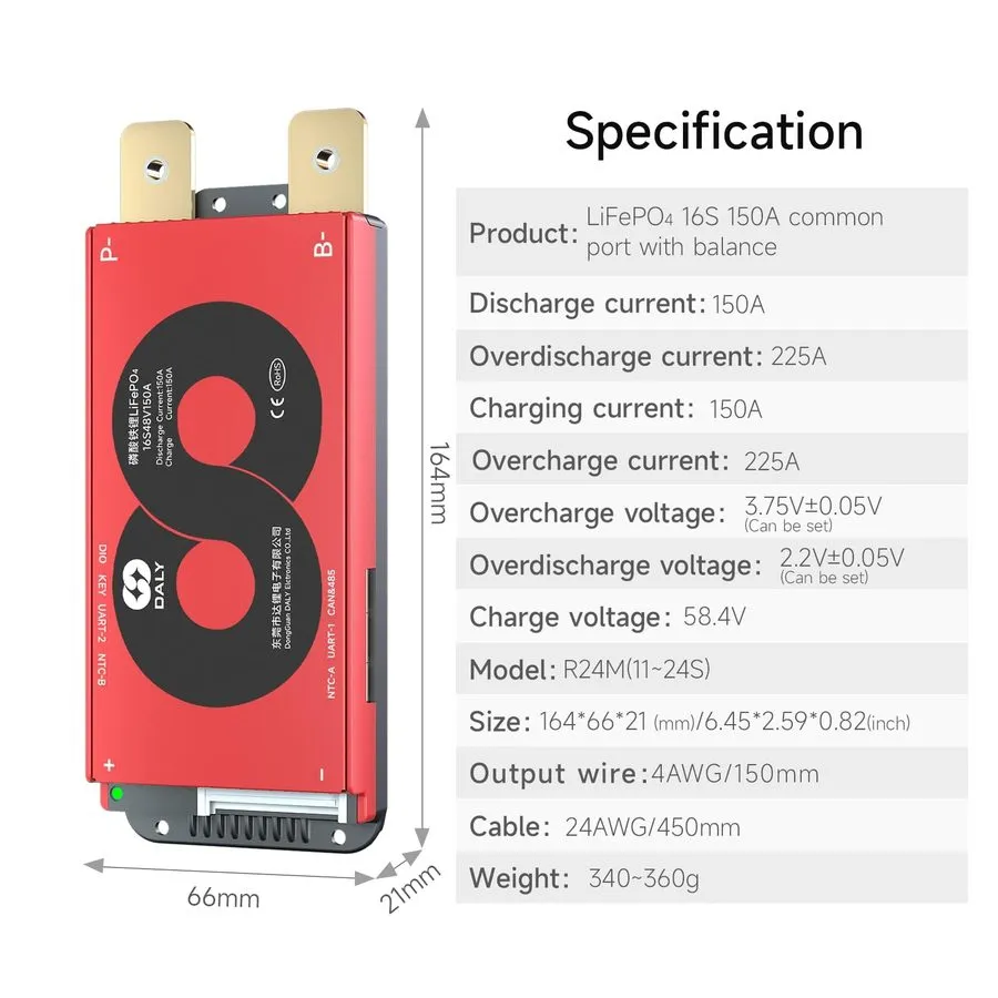 Аккумулятор DALY Smart BMS 16S 48V 150A LiFePO4 WiFi Bluetooth CAN RS485