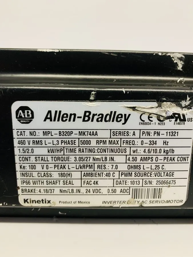 Серводвигатель Allen Bradley MPL-B320P-MK74AA Servo Motor 5000 RPM KINETIX 2HP 4