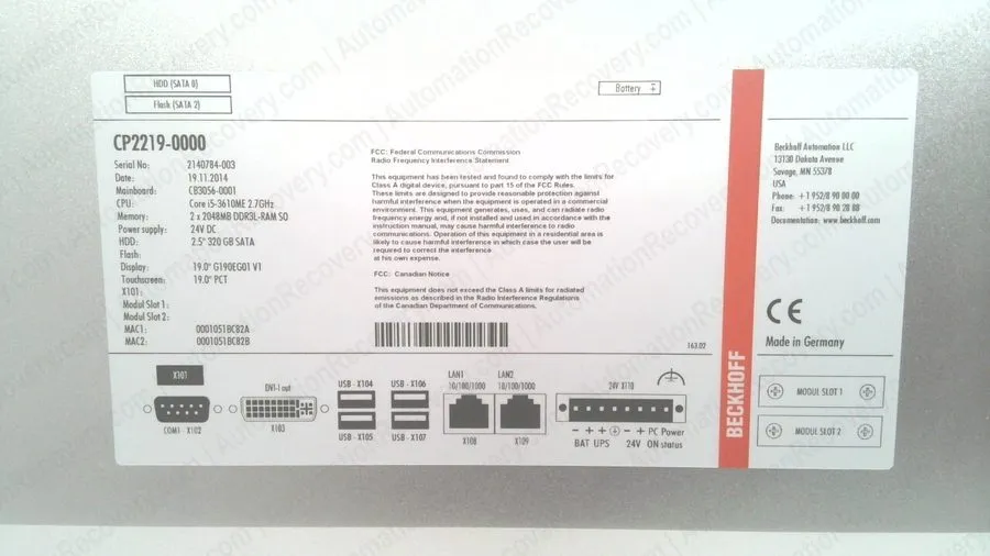 Промышленный компьютер BECKHOFF CP2219-0000, MULTITOUCH BUILT-IN PANEL PC, #3391
