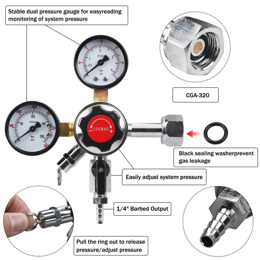 Трубопроводная арматура Draft Beer Gas Regulator CO2 Keg Regulator 0-60PSI CGA-3