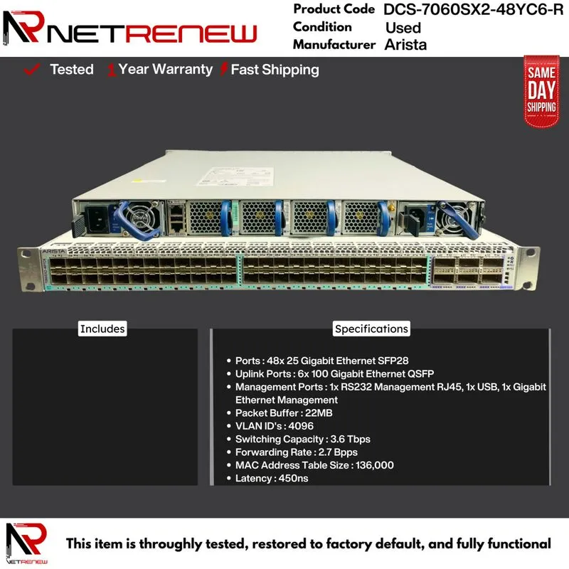 Трансивер DCS-7060SX2-48YC6-R Arista 6x 100GbE Switch 48x25G SFP 2x AC