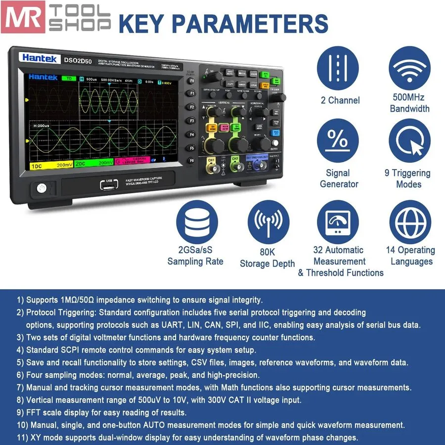 Осциллограф Hantek Digital Storage Oscilloscope DSO2D50 2CH Signal Generator 500 — фото лота 2