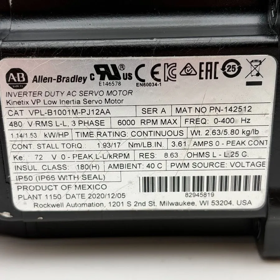 Серводвигатель Allen-Bradley Servo Motor VPL-B1001M-PJ12AA Unopened Fast Dispatc