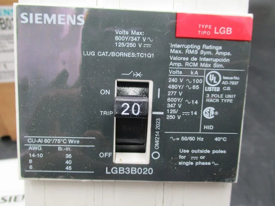 Автоматический выключатель LGB3B020B Siemens 20A 480V 3P Bolt-In Circuit Breaker