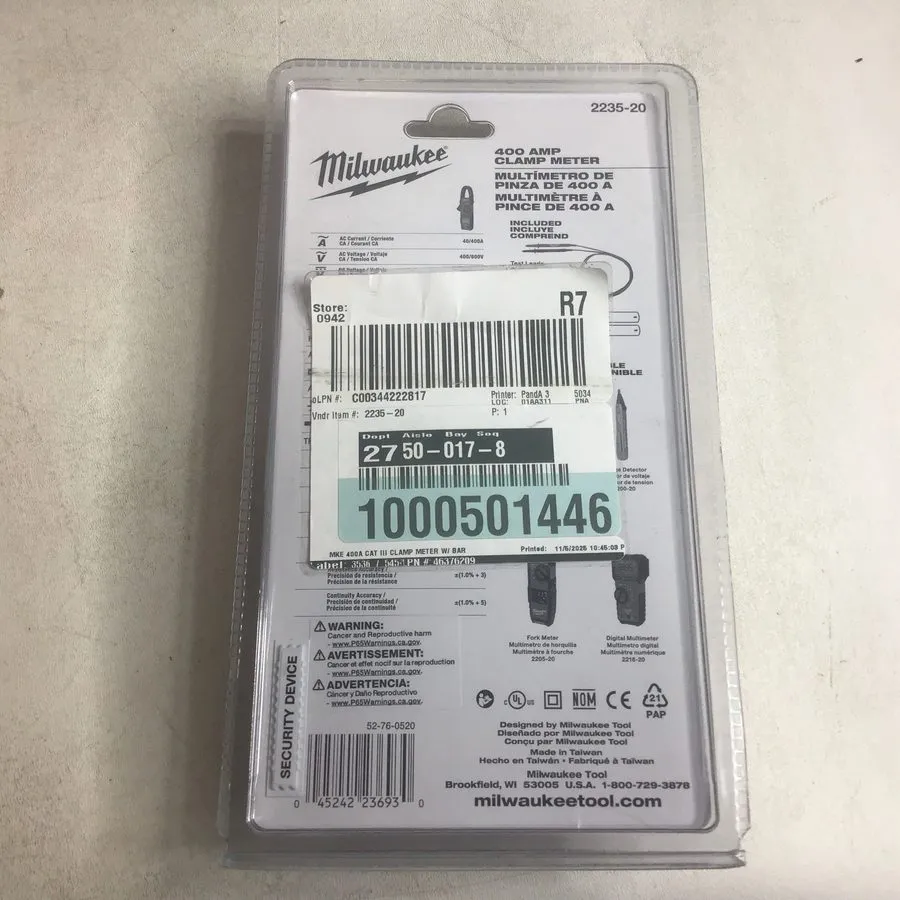 Тестер Milwaukee 2235-20 400 Amp 400A 600V AC/DC Clamp Meter — фото лота 1