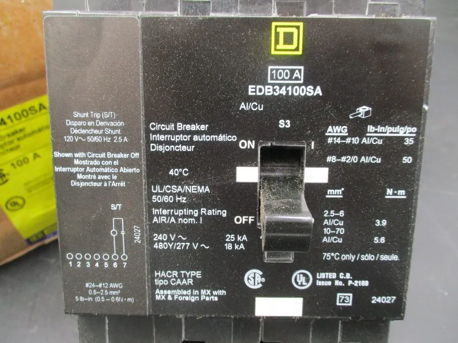 Автоматический выключатель SQUARE D EDB34100SA 3-P 100A 480V 120V SHUNT TRIP CIR