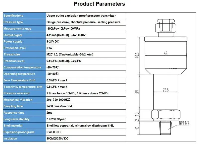 Датчик давления Pressure Transmitter Explosion-Proof Stainless Steel Sensor 4-20
