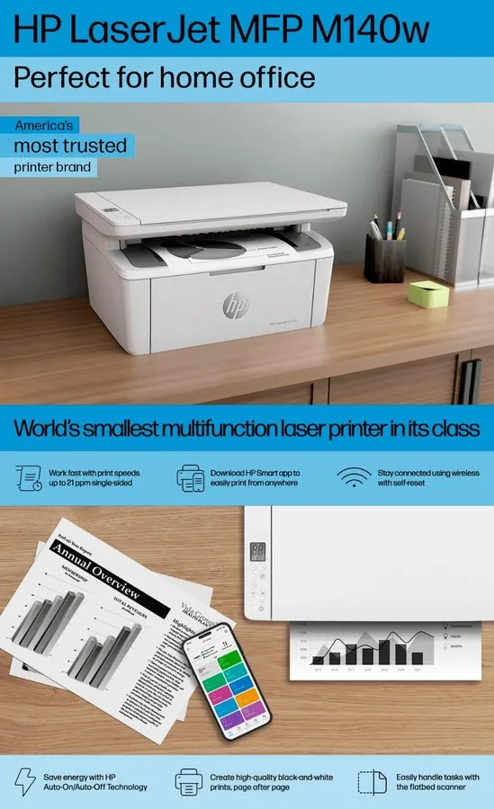Лазерный принтер HP LaserJet M140w Laser Printer, Black And White Mobile Print, 