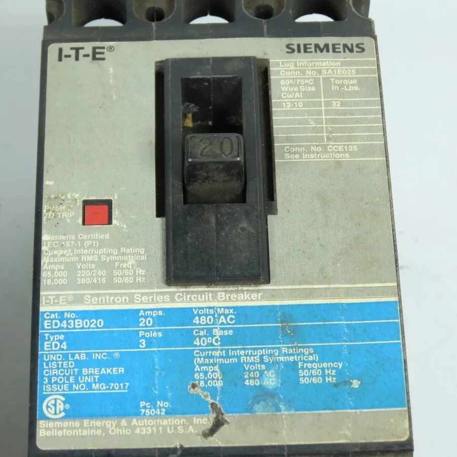 Автоматический выключатель Siemens ITE ED43B020 Sentron 20A 3-Pole Circuit Break