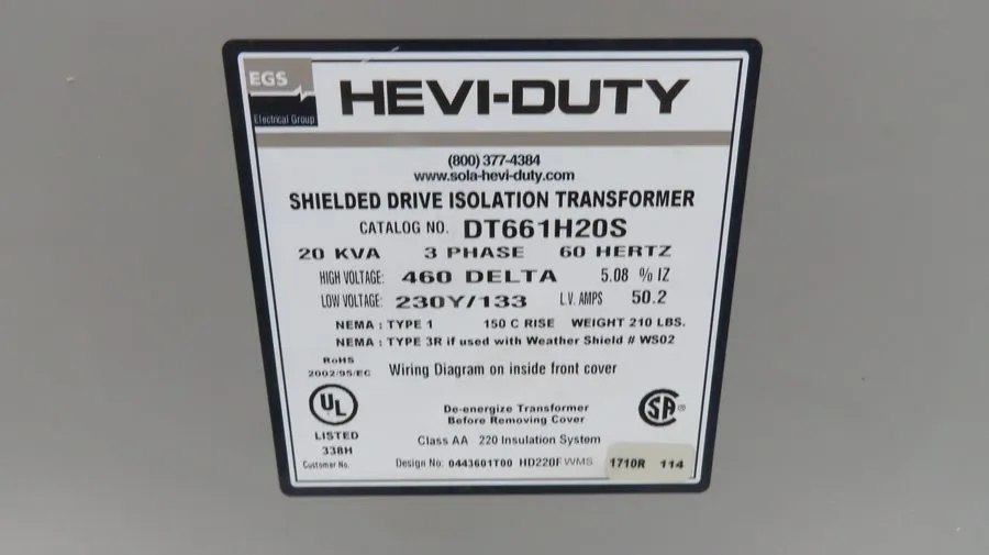 Трансформатор Hevi-Duty Shielded Isolation Transformer 20kva 3ph HV 460 Delta LV