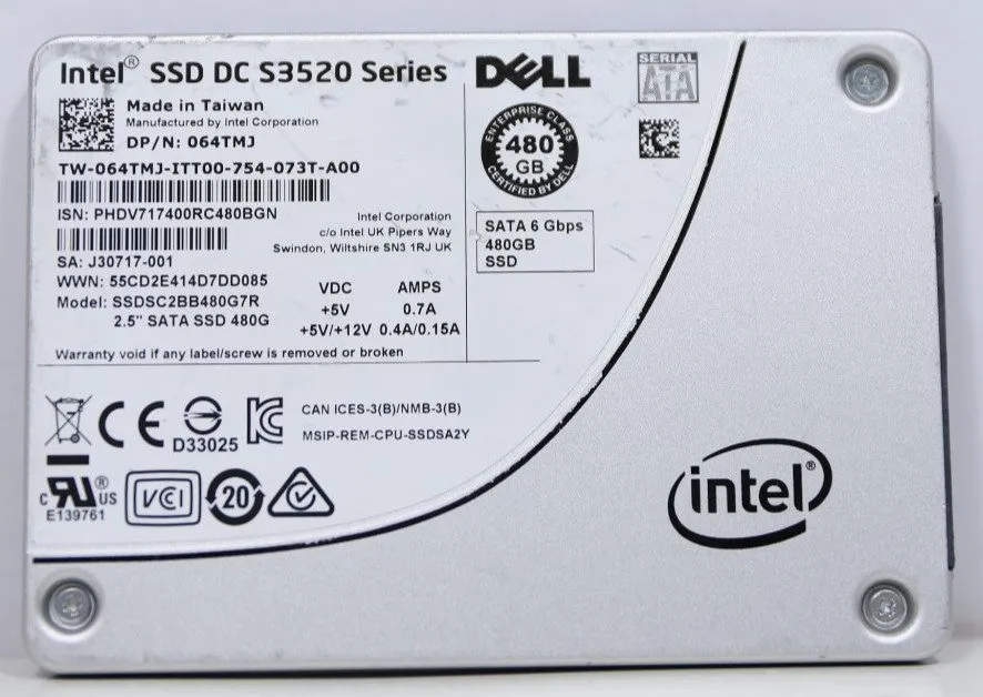 SSD-накопитель 64TMJ для DELL Intel DC S3520 480GB 6Gb/s 2.5INCH SATA SSD 064TMJ