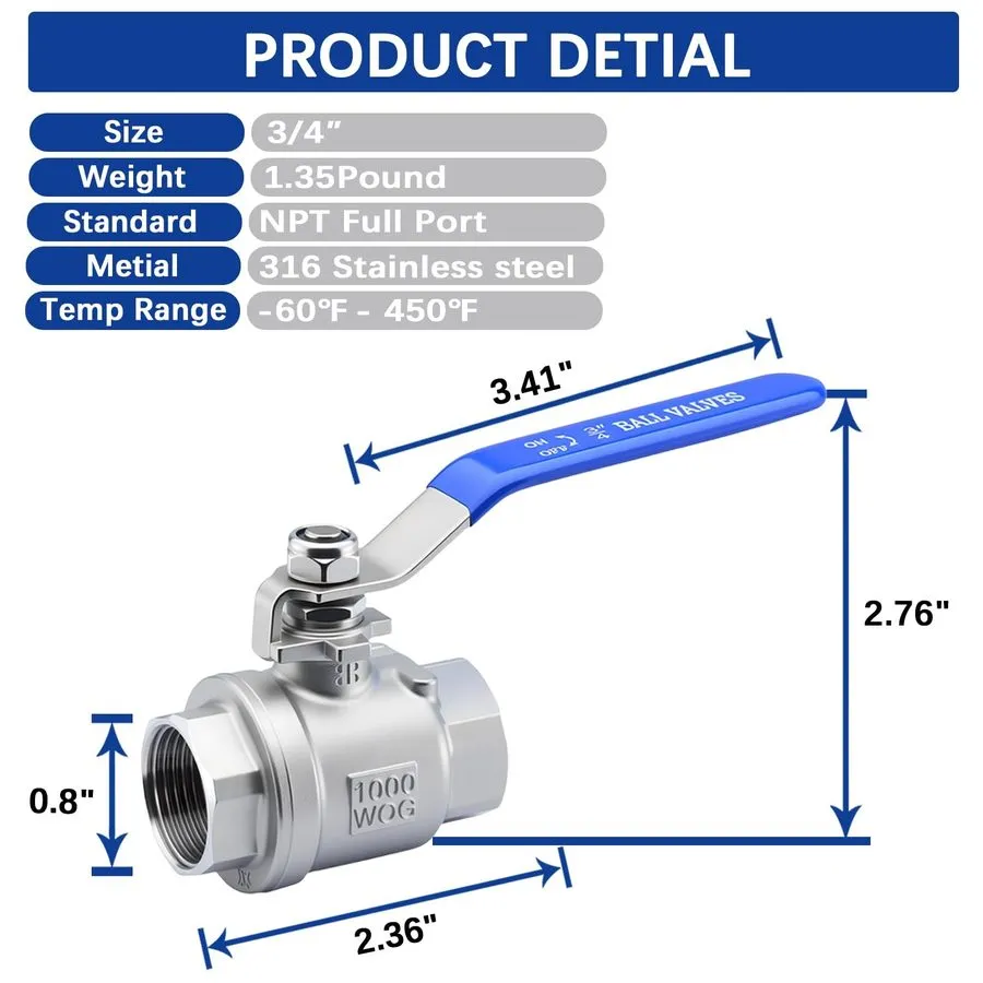 Клапан Full Port Ball Valve 3/4 NPT 304 Stainless Steel WOG1000 Heavy Duty — фото лота 2