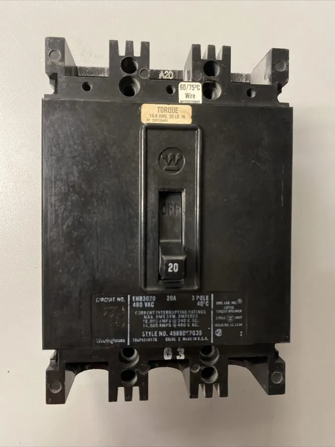 Автоматический выключатель WESTINGHOUSE EHB3020 3 Pole 20 Amp 480V AC Type EHB M