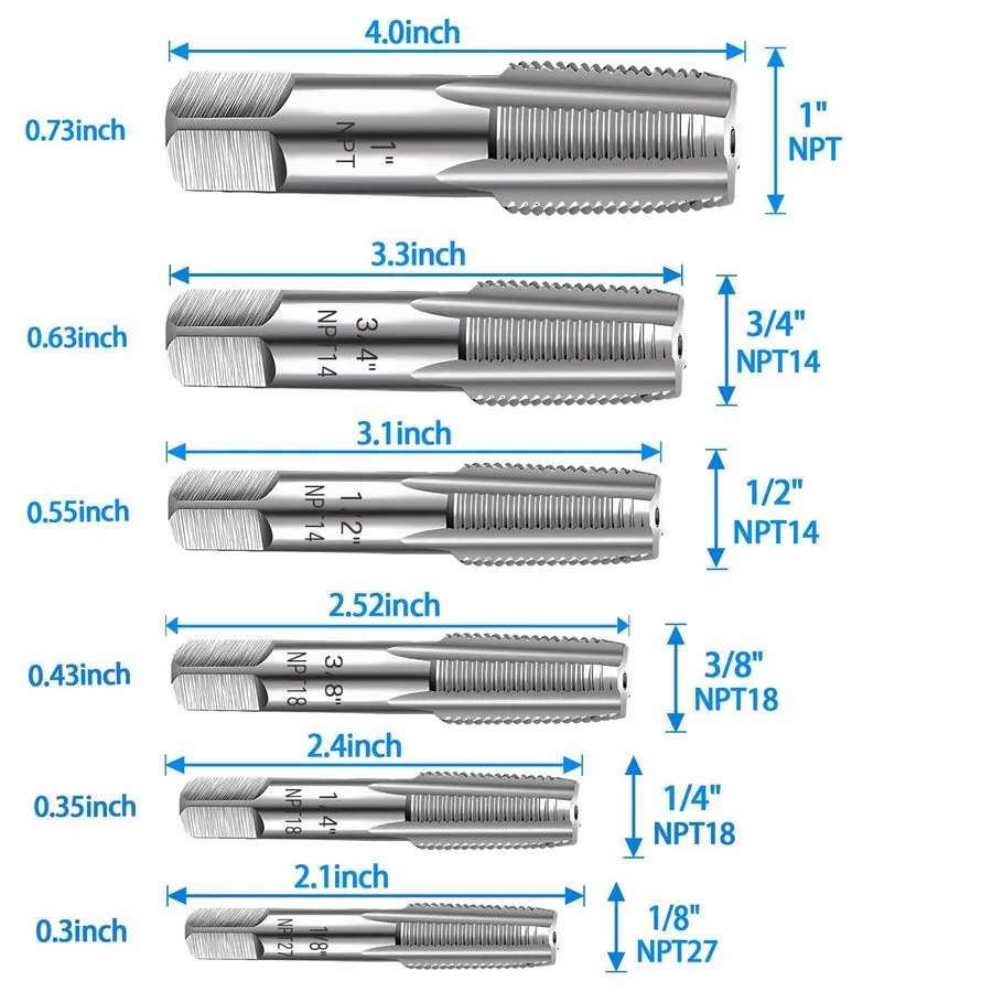 Режущий инструмент Npt Pipe Tap Set 1/8" 1/4" 3/8" 1/2" 3/4" 1" Pipe Thread Tap — фото лота 1