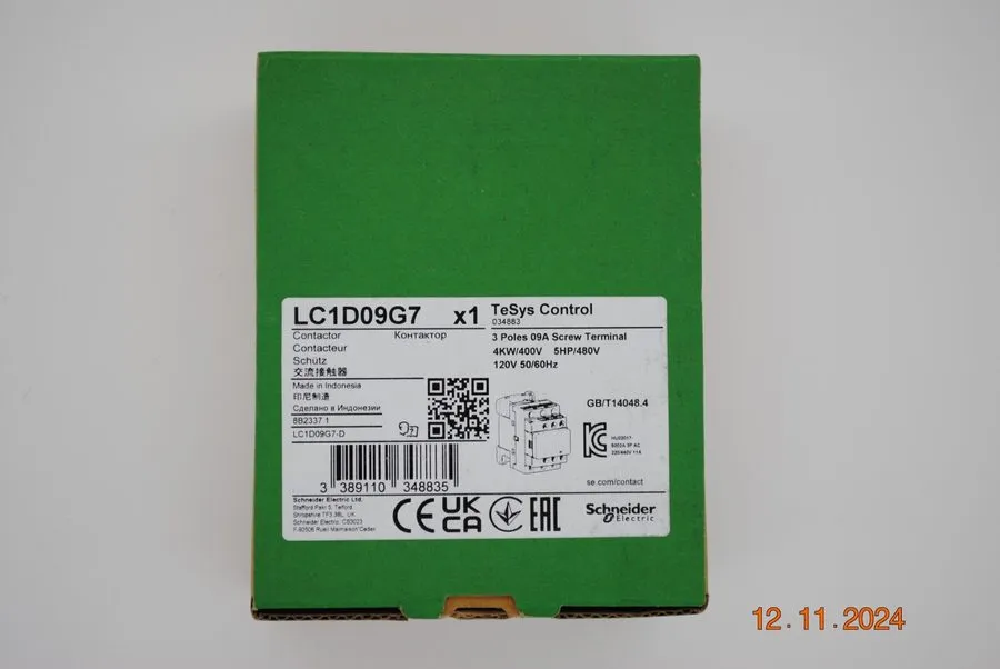 Контактор Schneider Electric LC1D09G7 TeSys Contactor, 3-Pole, 9A Max, 120VAC Co