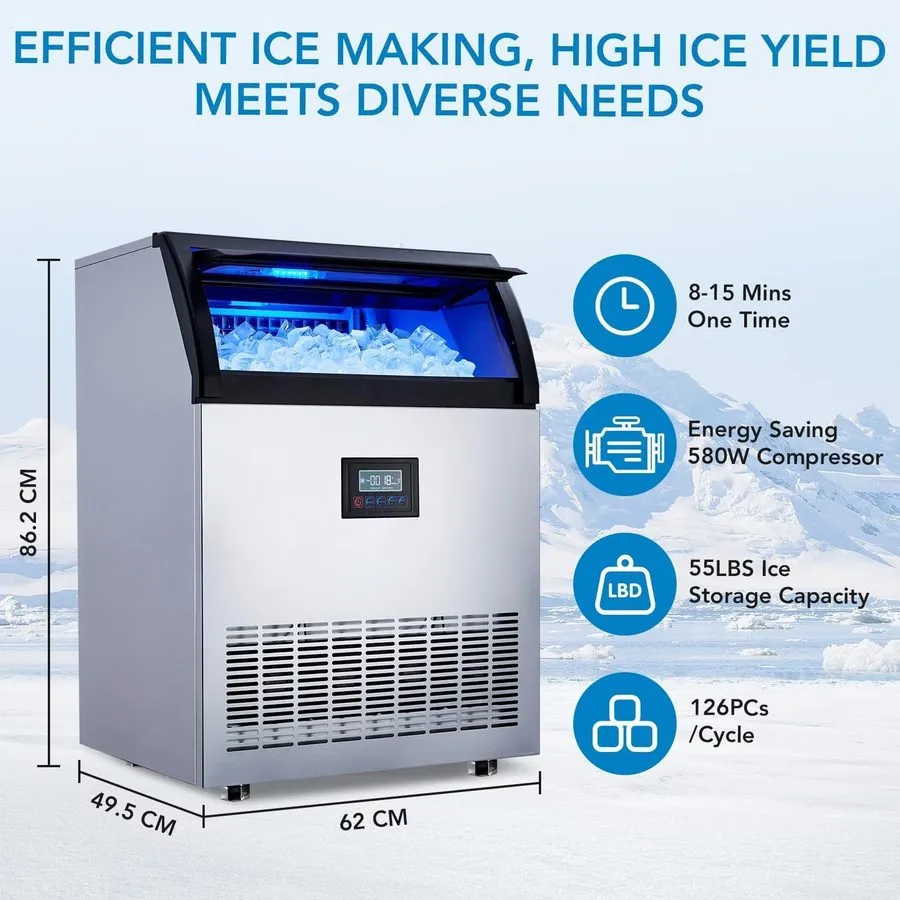 Льдогенератор Ice Maker Commercial 200lb/24H 55lb Storage Undercounter Stainless — фото лота 2