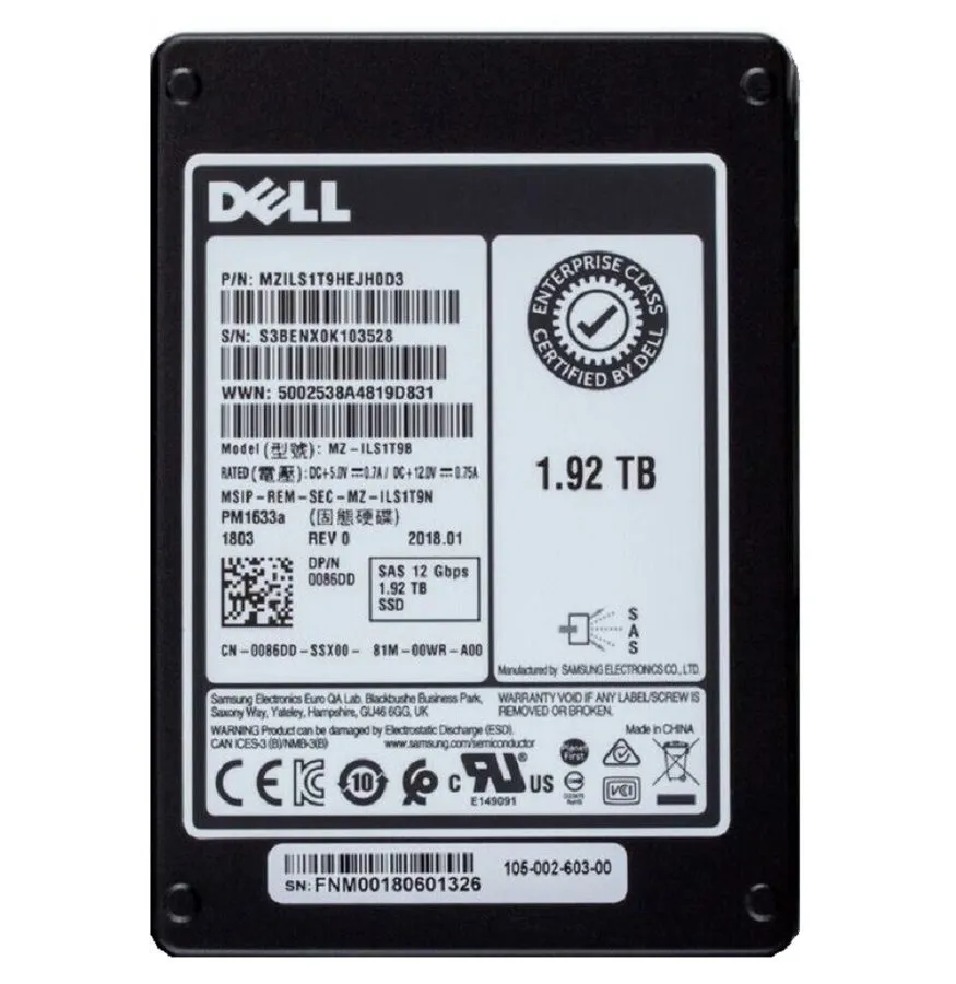 SSD-накопитель DELL Samsung PM1633a 1.92TB SAS SSD Solid State Drive MZ-ILS1T9B 