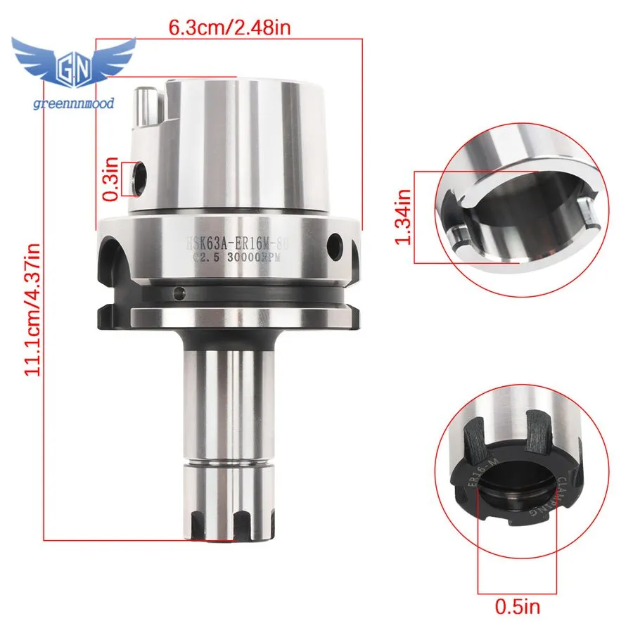 Режущий инструмент HSK63A-ER16-80 G2.5 24000 RPM Collet Chuck Tool Holder CNC Ma