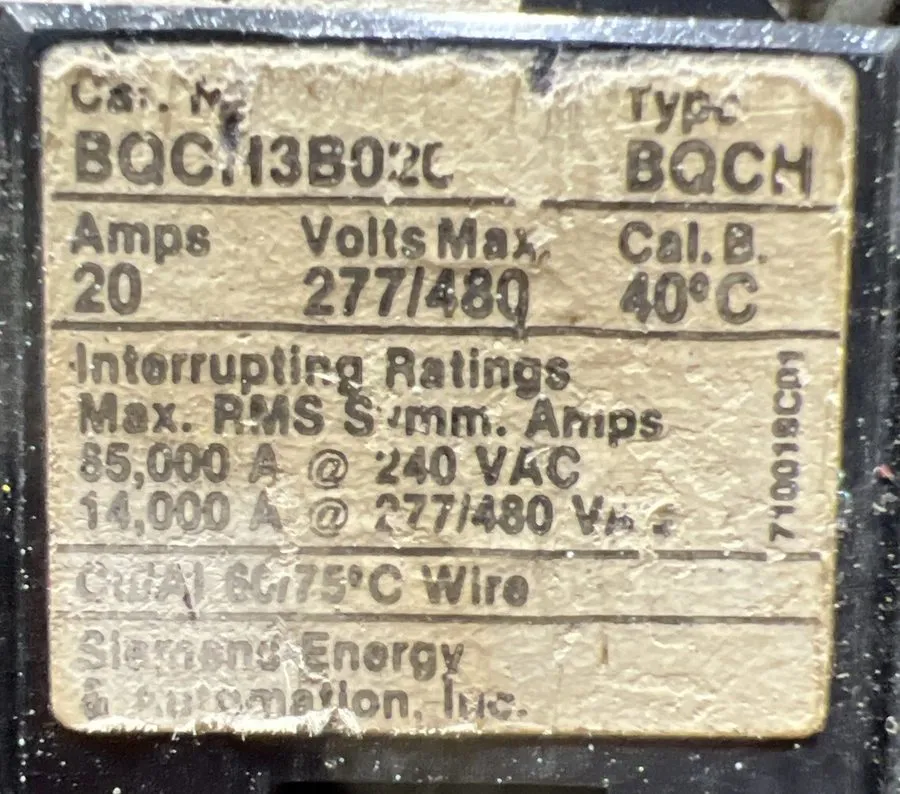 Автоматический выключатель Siemens BQCH3B020 20 Amp 3 Pole 277/480V Bolt On Circ