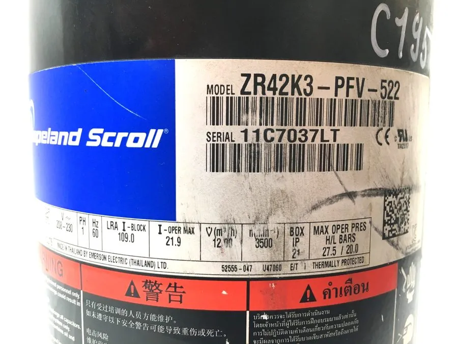 Компрессор Copeland 3.5 Ton Scroll A/C Condenser Compressor ZR42K3-PFV-522 R-22  — фото лота 1