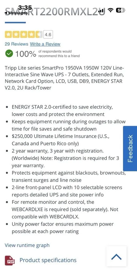 Tripp Lite SmartPro SMART2200RMXL2U 1950VA/1950W 120V 7-Out Rack LCD