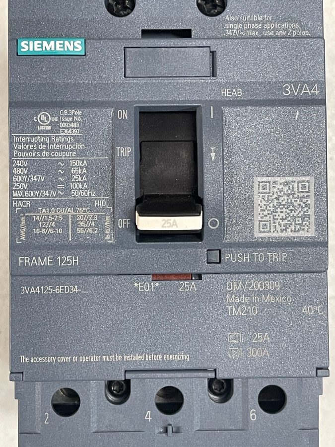Автоматический выключатель Siemens 3VA4125-6ED34-0AA0 3Pole 25A Frame 125H Circu