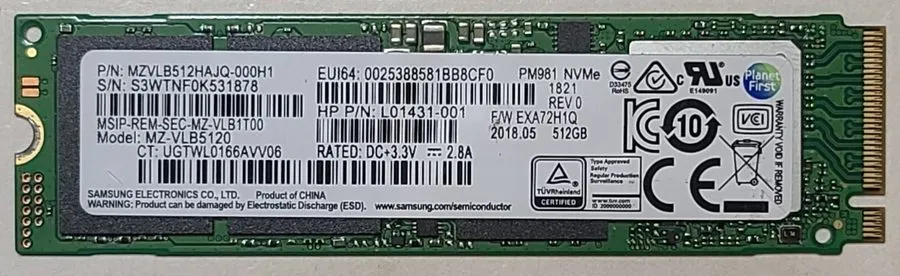 SSD-накопитель Samsung PM981 512GB M.2 2280 PCIe NVMe SSD L01431-001 MZVLB512HAJ — фото лота 1