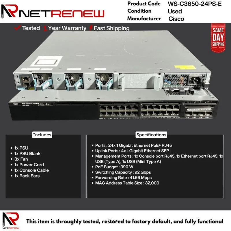 Коммутатор Cisco Catalyst WS-C3650-24PS-E 24 Port PoE+ Gigabit Switch